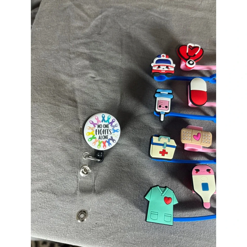 Nurse Doctor Medical Straw Cover Set Badge Reel Set Cancer Awareness Ribbon